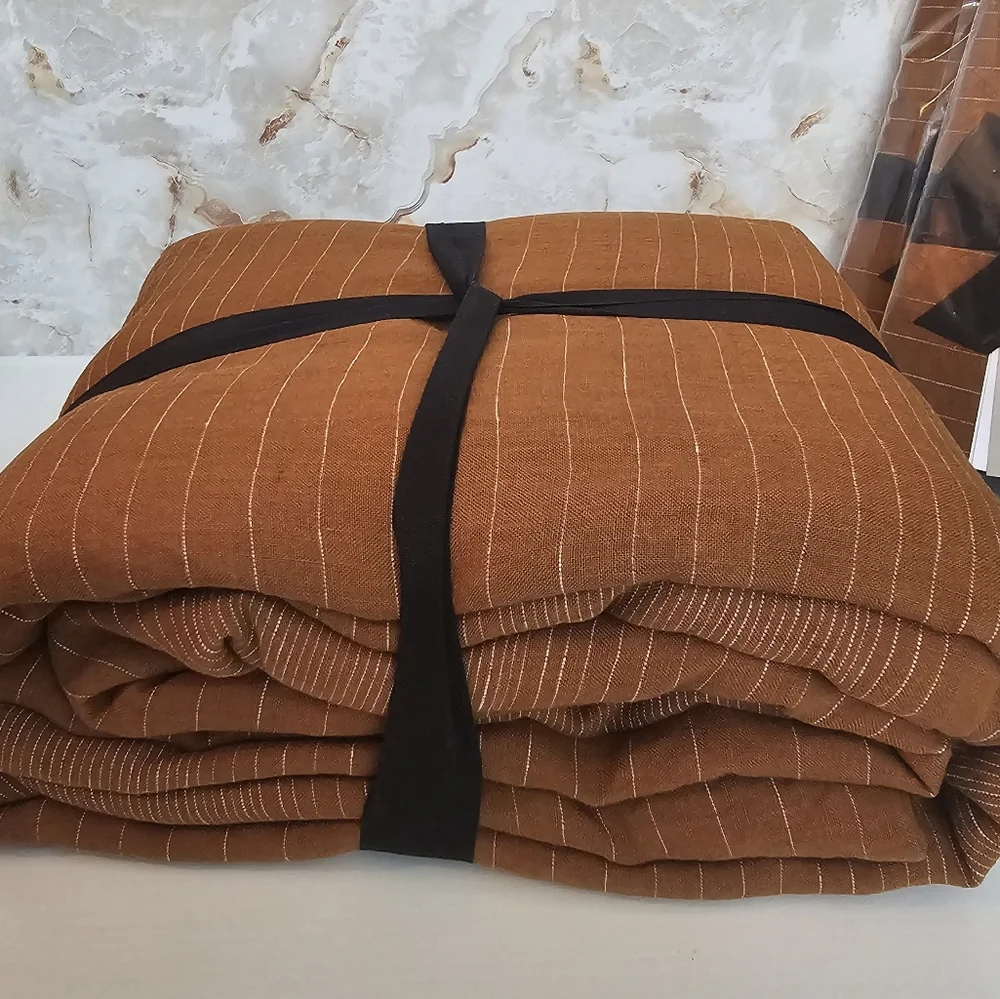 **European Flax Linen Graduated Stripe King Duvet Cover & Euro Shams Amber